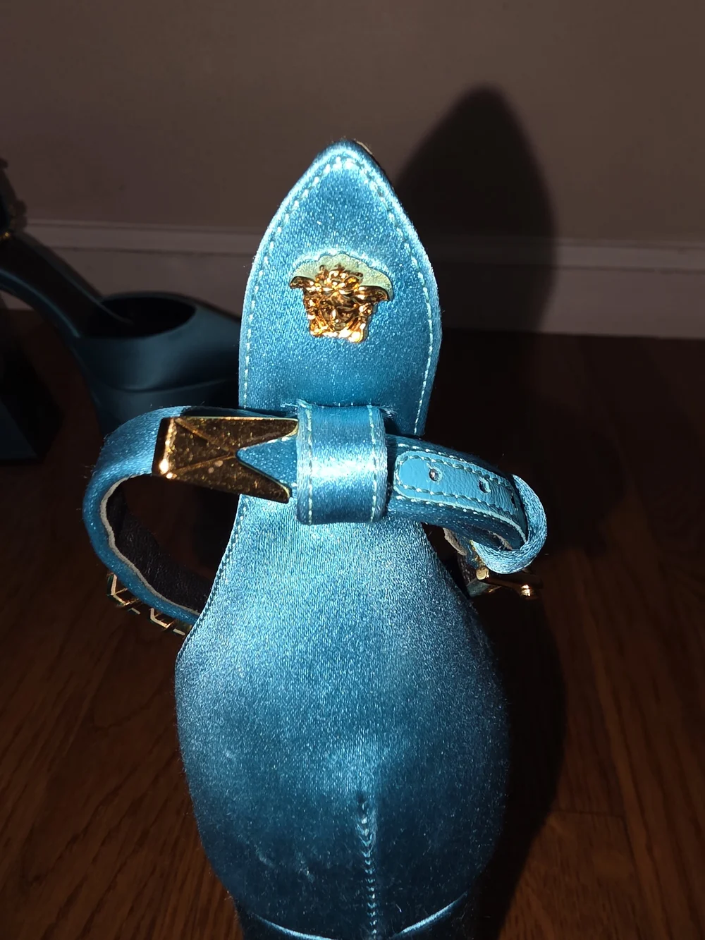 Versace Teal Satin Platform Slingback Heels with Jeweled Anklet